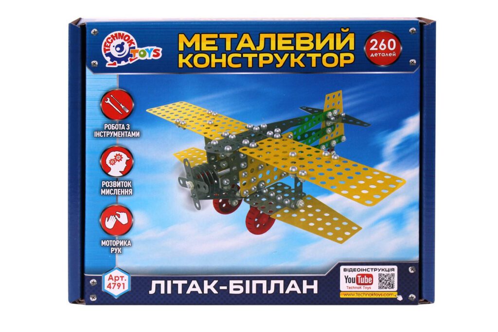 Дитячий розвиваючий Конструктор металевий Літак-Біплан ТехноК 4791 у коробці 260 деталей - 3