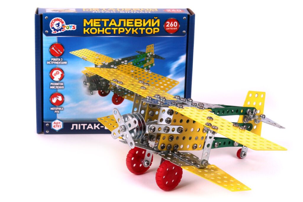 Дитячий розвиваючий Конструктор металевий Літак-Біплан ТехноК 4791 у коробці 260 деталей - 1