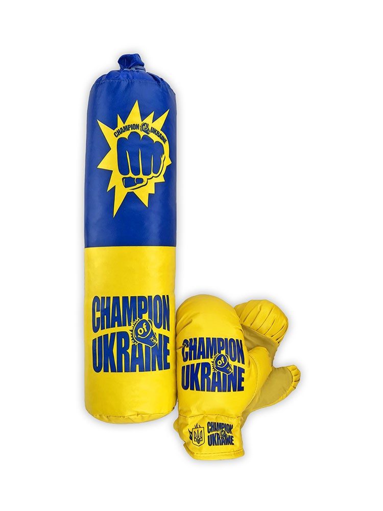 Боксерський набір Champion of Ukraine M-UA середній дитячий для хлопчика груша рукавички для дітей синьо-жовтий - 1