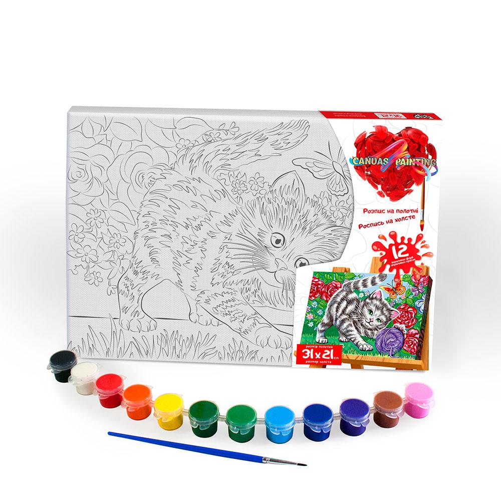 Розпис на полотні Canvas Painting Кошеня у квітах 21*31 см с.6 №1 Danko toys PX-06-08 розмальовка набір для дитячої творчості - 1