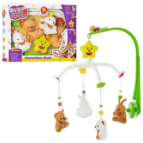 Дитячий мобіль на ліжечко плюшеві Зайці і Ведмедики A-Toys D062 музична карусель заводиться обертається знімні іграшки для малюків - 1