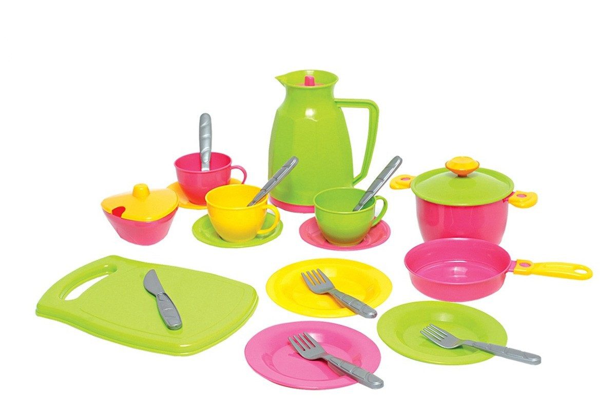 Кухонний набір3 ТехноК 1783 глечик чашки блюдця ложки цукорниця каструля сковорода тарілки прилади дошка дитяча пластикова іграшка - 1