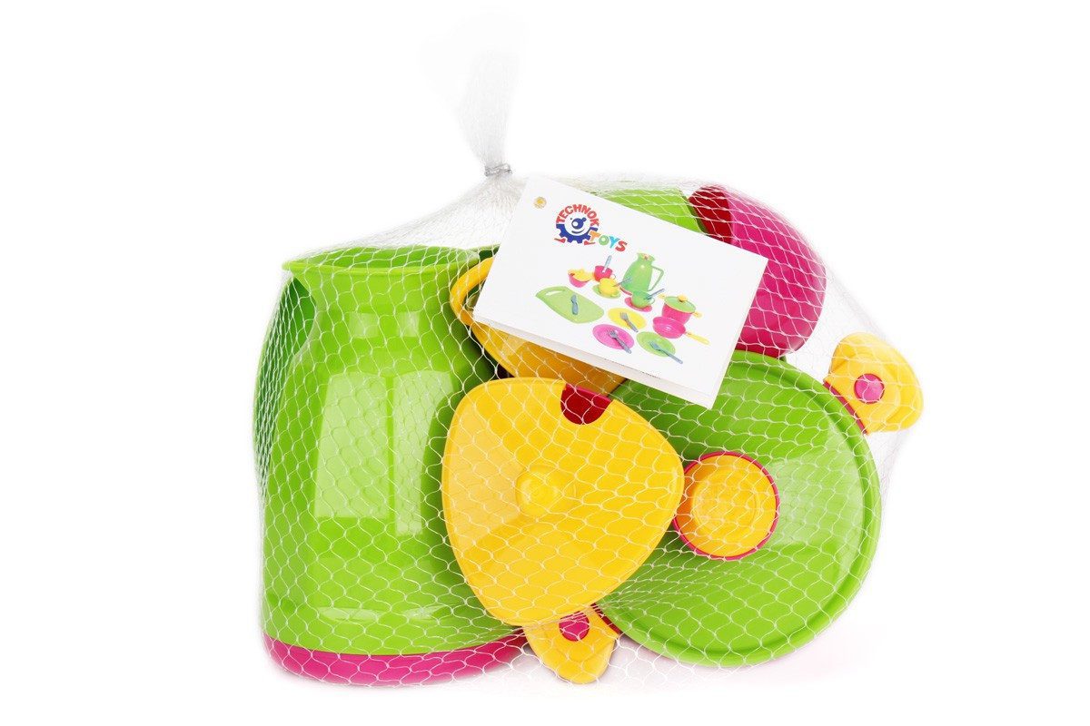 Кухонний набір3 ТехноК 1783 глечик чашки блюдця ложки цукорниця каструля сковорода тарілки прилади дошка дитяча пластикова іграшка - 2