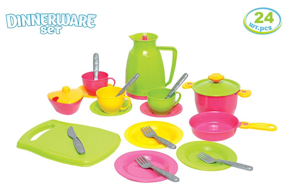 Кухонний набір3 ТехноК 1783 глечик чашки блюдця ложки цукорниця каструля сковорода тарілки прилади дошка дитяча пластикова іграшка - 3