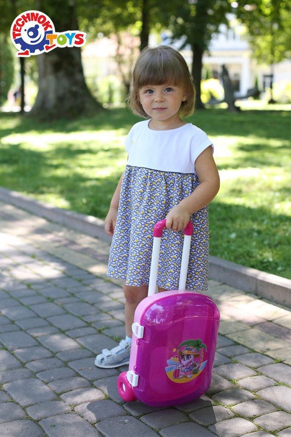 Валіза Технок 7037 з регульованою ручкою колеса містка дитяча пластикова для дітей рожева - 5