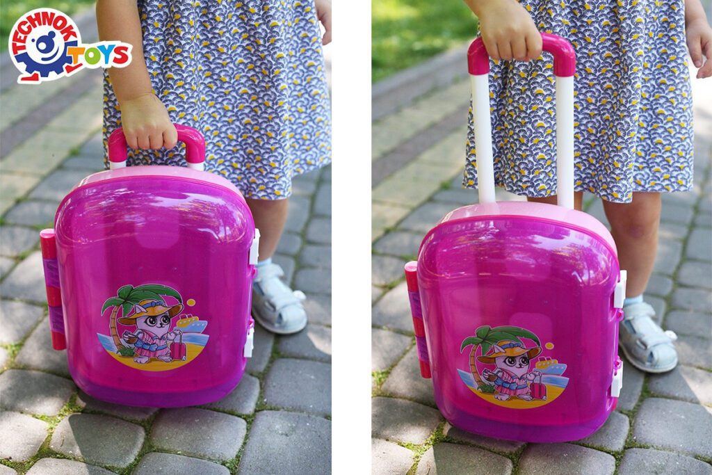 Валіза Технок 7037 з регульованою ручкою колеса містка дитяча пластикова для дітей рожева - 6