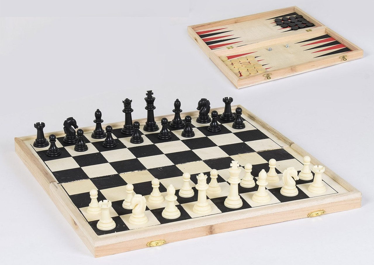 Шахи дерев'яні С 36816 набір 3 в 1 нарди шашки дошка фігури кубики ігри для дітей дитячий ігровий - 1