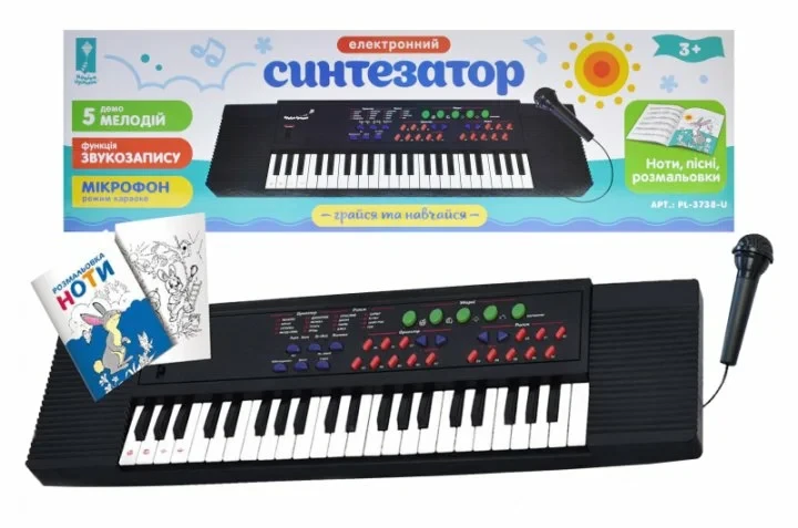 Дитячий синтезатор PL-3738-U, в комплекті мікрофон, адаптер мережі, ноти-розмальовки, слова пісень - 2