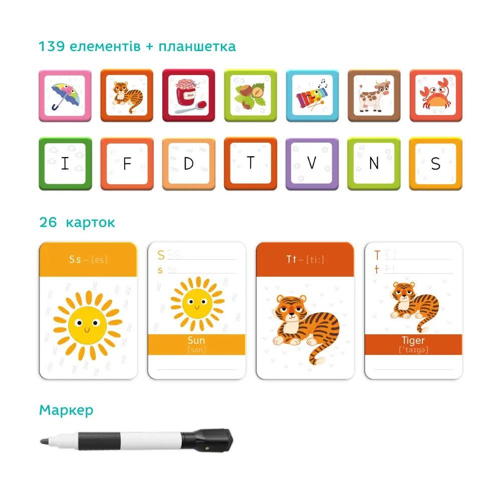Англійська магнітна абетка, Dodo 200214 розвиваюча гра, 139 магнітів, 26 карток, маркер, ДоДо - 2