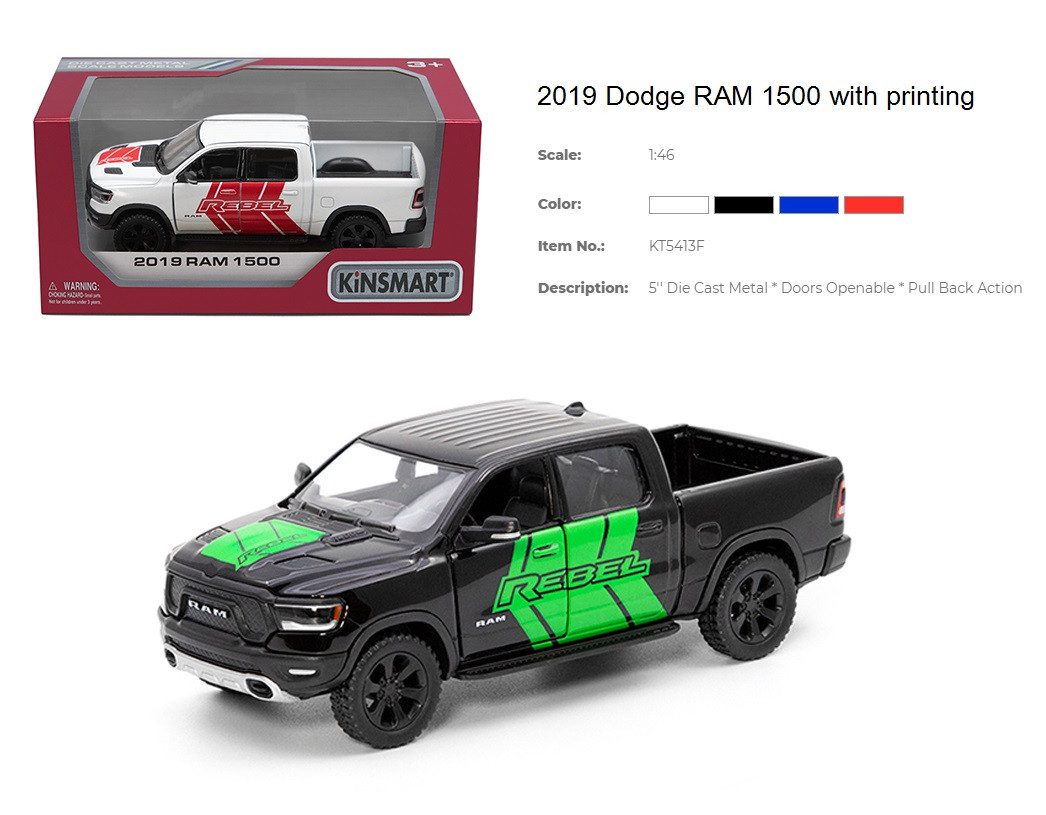 Дитяча колекційна машинка Kinsmart Dodge Ram 1500 2019 з написом KT5413FW, металева інерційна іграшка, відчиняються двері - 3