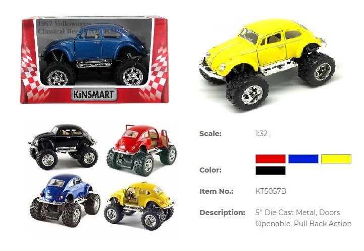 Модель Kinsmart VOLKSWAGEN BEETLE 5'' BIG WHEEL KT5057WB Металеві інерційні машинки іграшки для дітей - 6