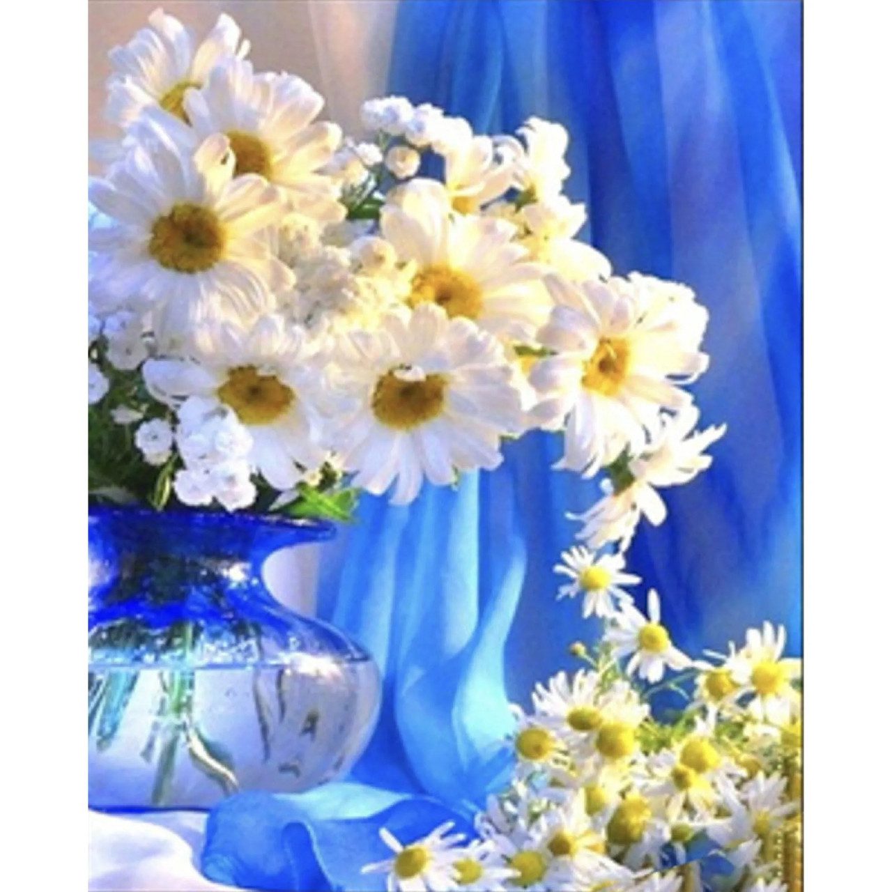 Алмазна картина Strateg Ромашки на синьому фоні 40х50 см SK85973 - 1