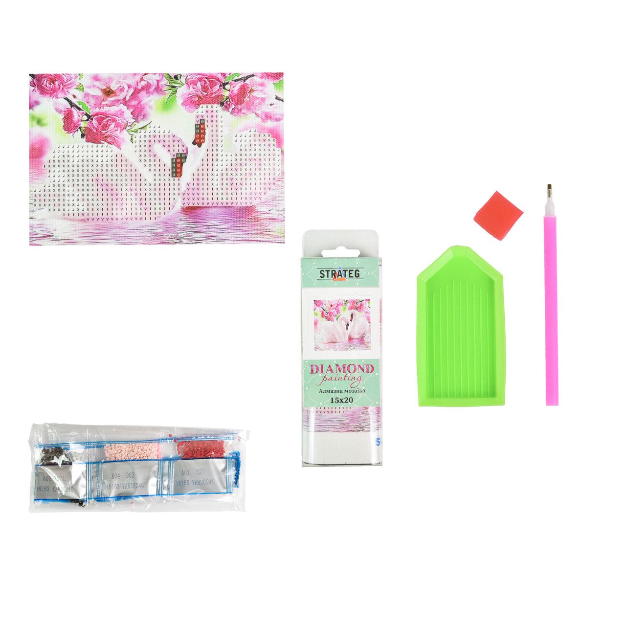 Алмазна картина Strateg Пара лебедів серед рожевих квітів 10х15 см YAB26246 - 2