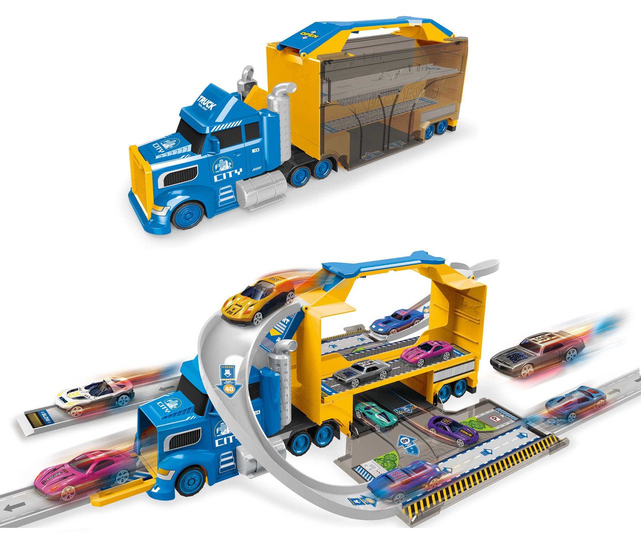 Трейлер 2 в 1 з набором машинок та запуском (трек, гараж) 660 S-46 - 3