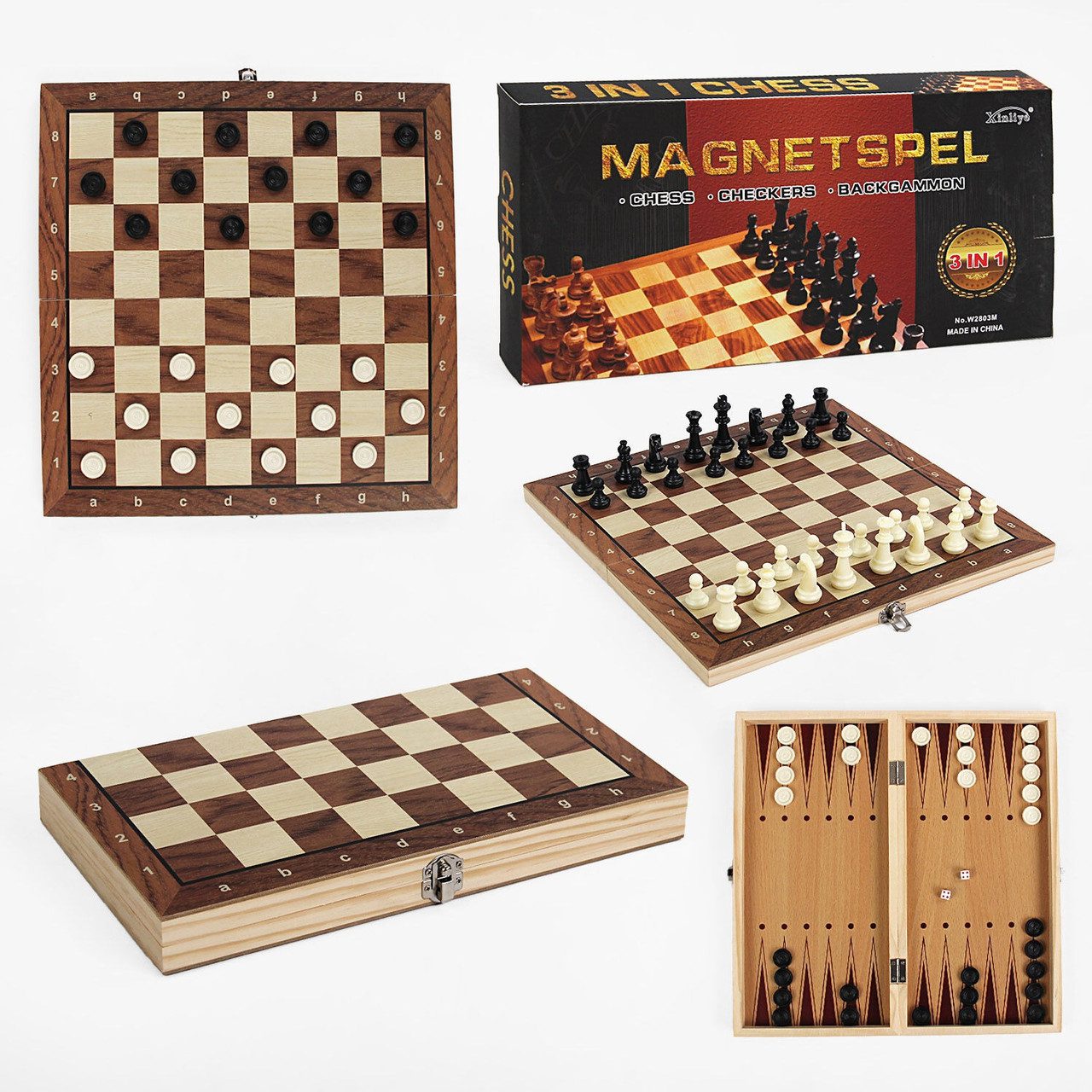 Шахи магнітні 3 в 1 (шашки, нарди, дерев'яна дошка 29х29 см) C 61552