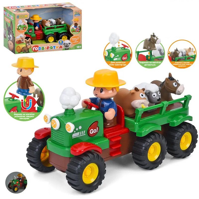 Музичний трактор з причепом та фігурками тварин M 6303